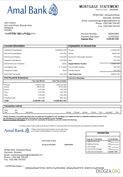 Relevé hypothécaire de la banque Somalie Amal aux formats Word et PDF